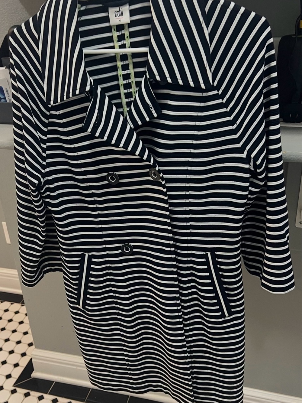 CAbi Navy and White Striped Double-Breasted Trench Coat